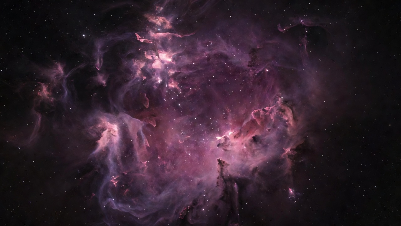 Bright nebula clouds displaying vibrant pink and purple celestial formations