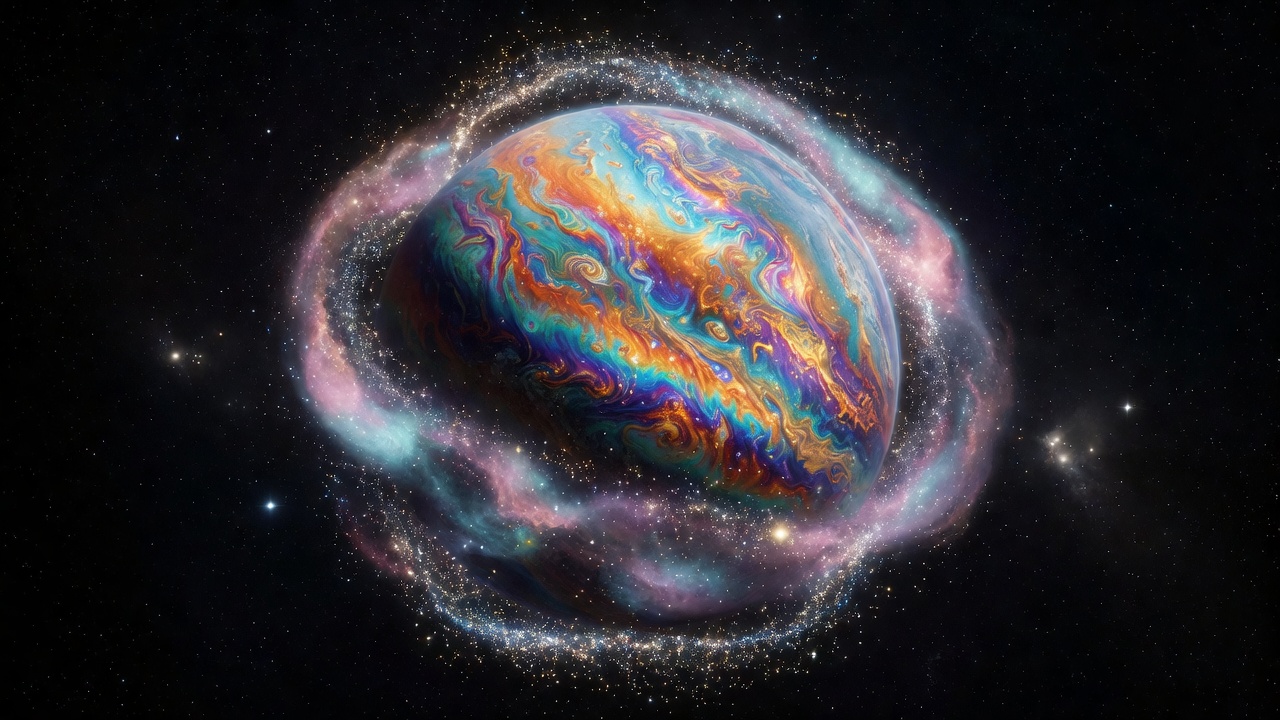 Large colorful planet surrounded by glowing starlight in deep space